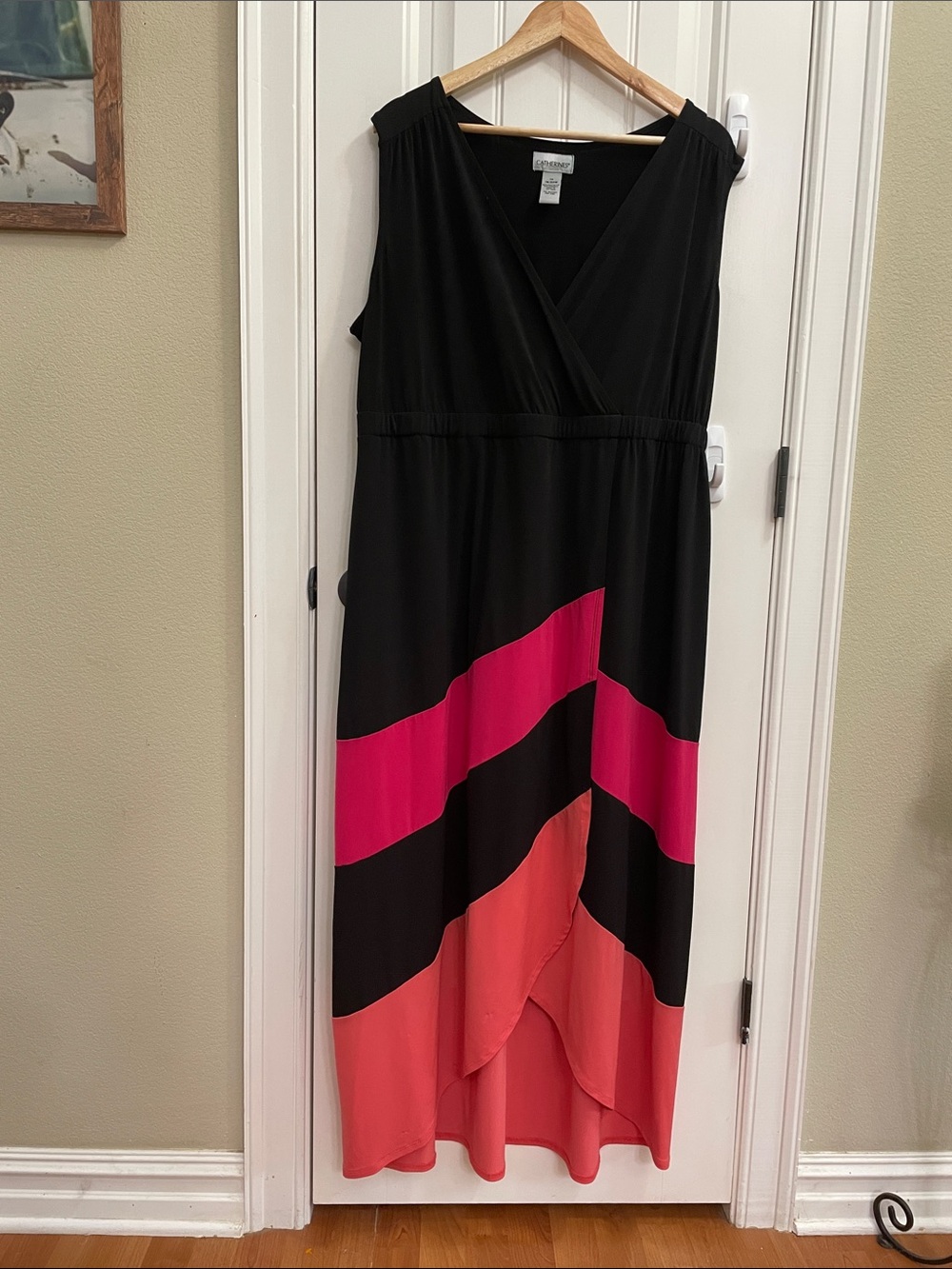 Catherines Black High-Low Maxi Dress with Pink and Coral Colorblock Hem